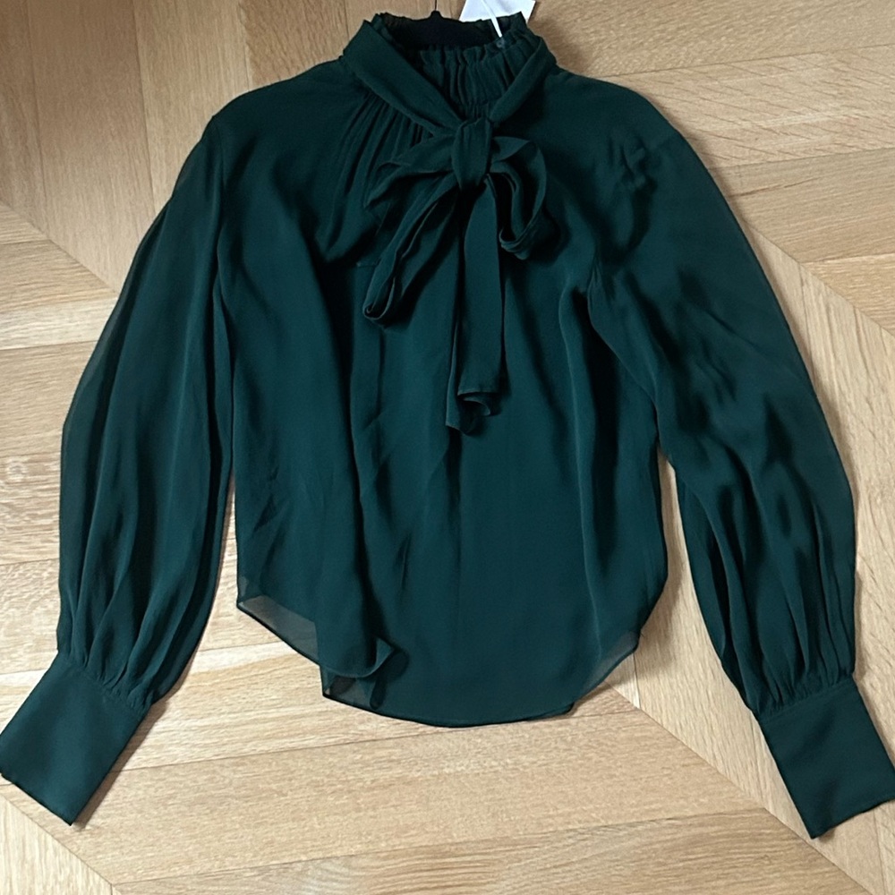 Frame Denim Green Silk Tie-Neck Blouse with Puff Sleeves -M - New